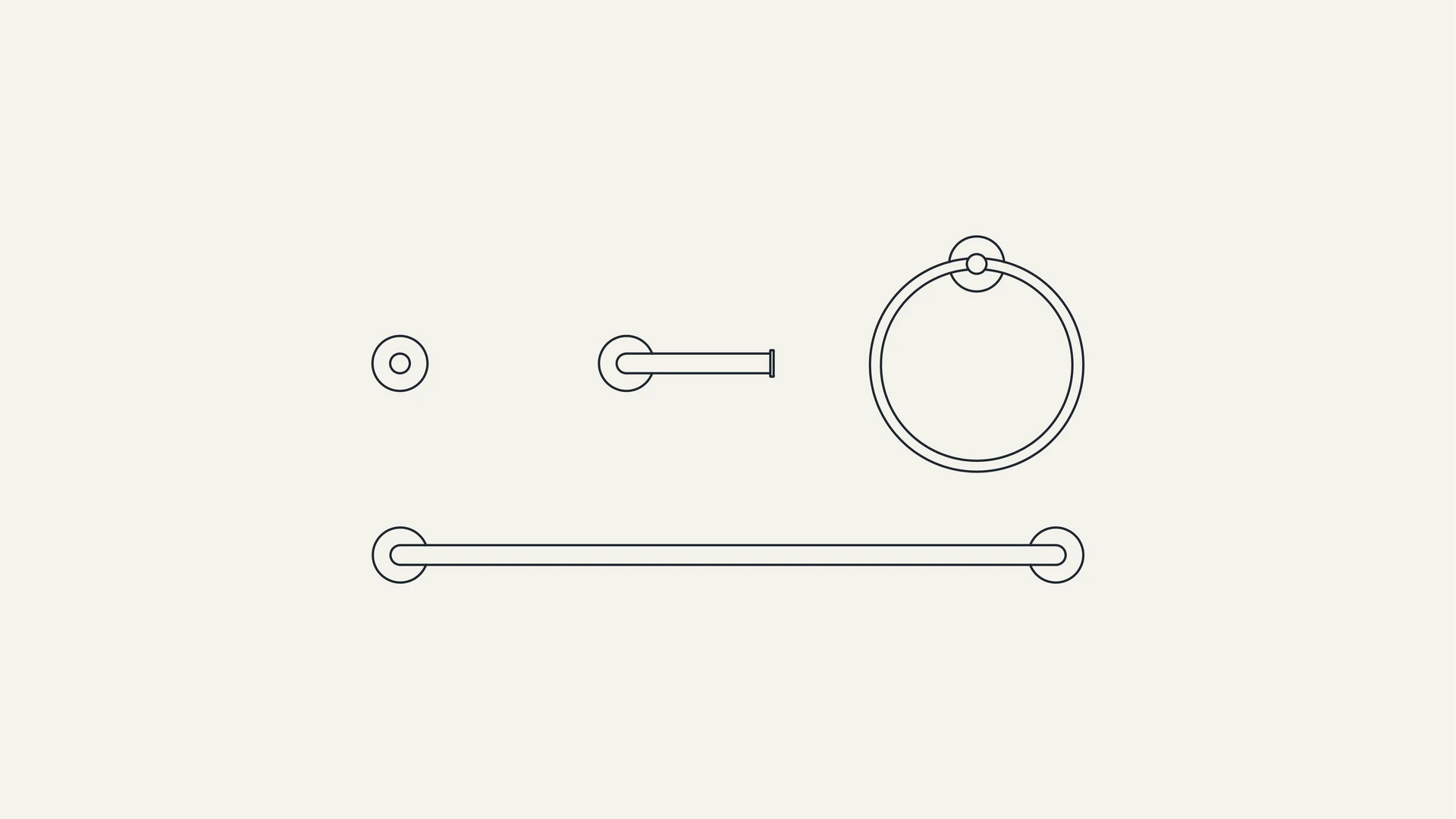 Line illustration of bath accessories: robe hook, towel bar, and towel ring.