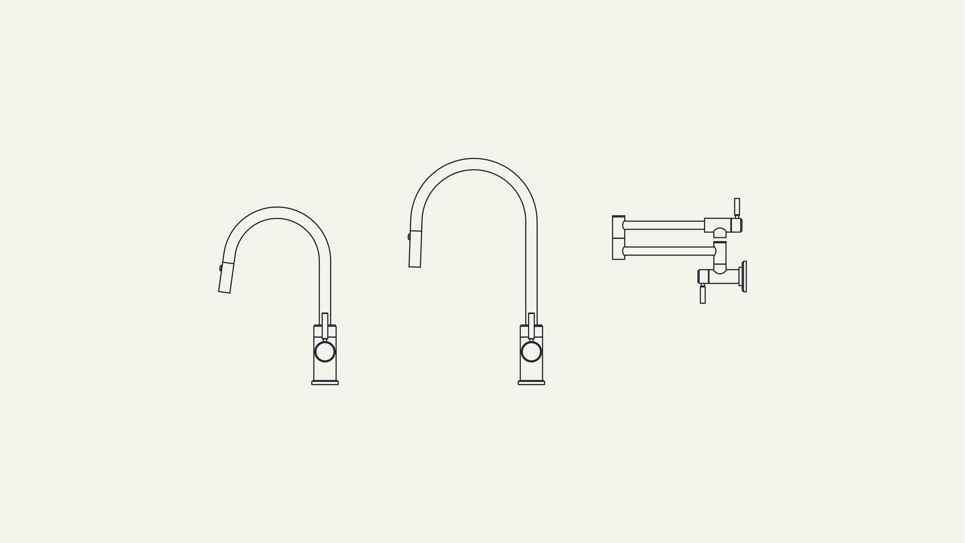 Line illustration of two gooseneck kitchen faucets and a wall-mounted pot filler.